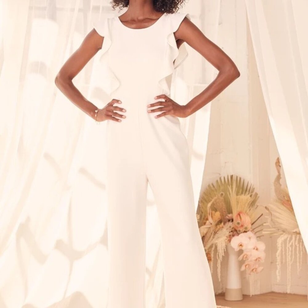 Lulu's Feel Your Love White Ruffled Wide-Leg Jumpsuit
